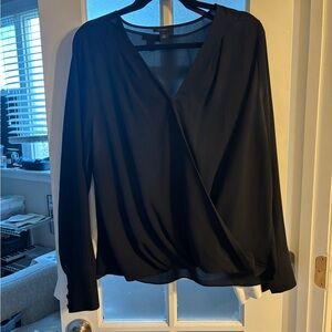 Nordstrom Black Long-Sleeve Faux-Wrap Blouse